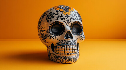 Minimalistic calavera sugar skull with intricate patterns in black and white over yellow background