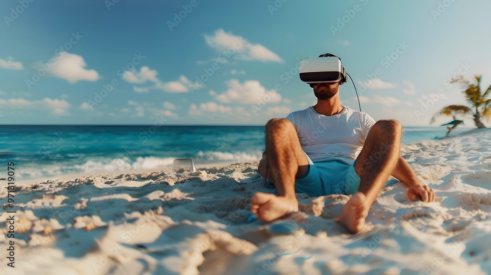 Poster digital nomad working in virtual workspace from beach with vr headset