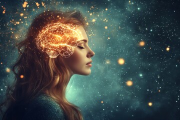 Cortical maps neuron spiking neuroprosthetic neurophotonics and neurotechnology side profile of woman with glowing neural brain network illuminated by futuristic lighting