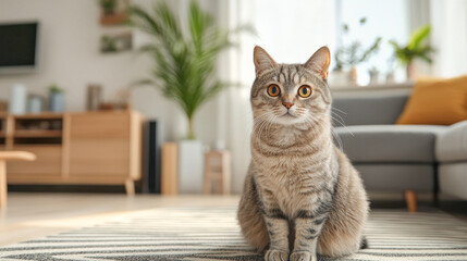 Gray cat sitting on a floor in a cozy contemporary living room with natural light.
