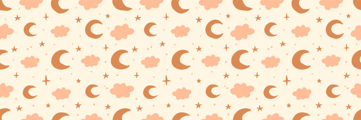 Bohemian baby seamless pattern. Cute celestial childish night sky vector seamless pattern. Boho universe delicate background. Soft colours universe surface design for kids fabric and nursery decor