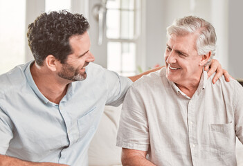 Support, happy man and senior father in home for conversation, relax or family bonding for love....