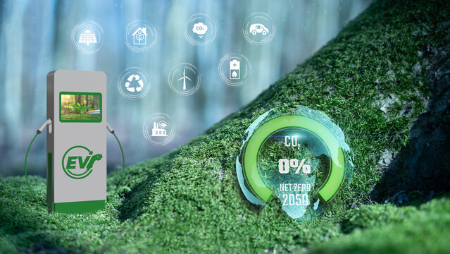 EV Net Zero 2050 Green Sphere Earth Icons Charger Concept On Moss Tree
