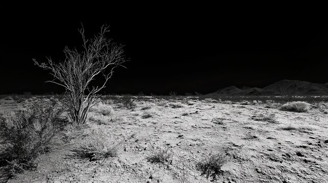 Striking black and white nature scene of a barren desert landscape with sharp contrasts and textures on a solid black background emphasizing desolation