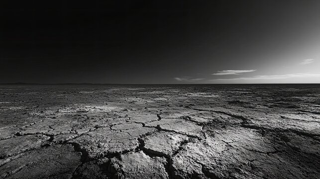 Striking black and white nature scene of a barren desert landscape with sharp contrasts and textures on a solid black background emphasizing desolation