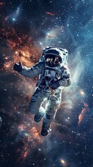 Fototapeta premium Astronaut in space suit gestures with left hand surrounded by stars, galaxies, and colorful nebulae.