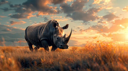 Obraz premium A rhino is walking through a field of tall grass