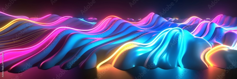 Poster 3d rendering abstract background of colorful neon wavy line glowing in the dark modern simple wallpa