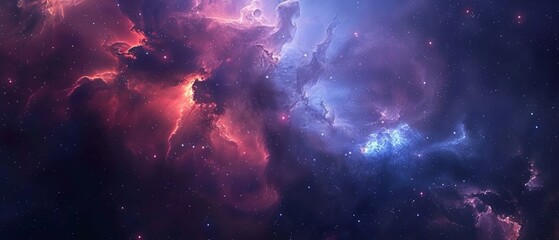 Fototapeta premium A cosmic background with stars and a striking nebula in blue, red, and pink hues creates a spinning top-like appearance, adding depth and vibrancy to the scene.