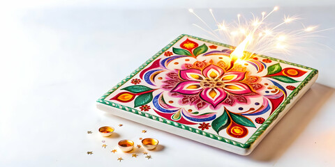 Fototapeta premium 3D Watercolor Sparklers & Cultural Symbols: Seamless Eco-Friendly Tile Design Featuring Lotus Flowers & Rangoli Patterns on a Zero Waste Theme