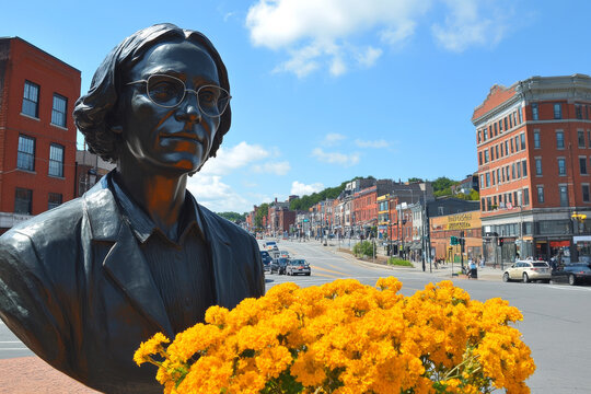 A statue of a woman holding a bouquet of flowers