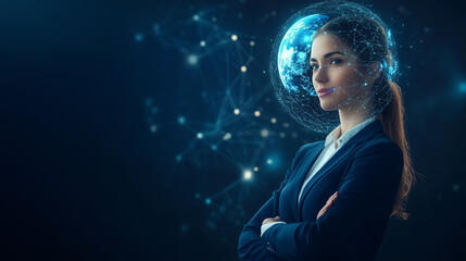 Naklejka premium Innovative Mindset: Businesswoman with Digital World Inside Her Head Against Dark Blue Background