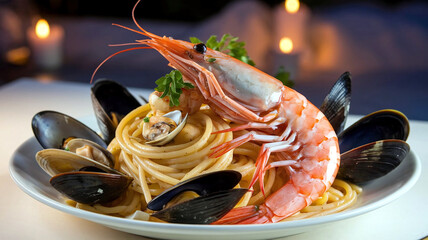 A vibrant plate of seafood spaghetti aglio e olio topped with shrimp and mussels, garnished with basil and cheese, in an elegant restaurant setting.