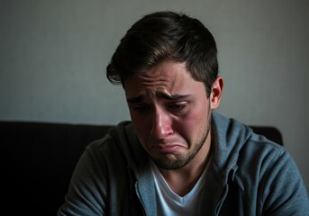 Obraz premium Young man in grey hoodie looking down with tears in his eyes.
