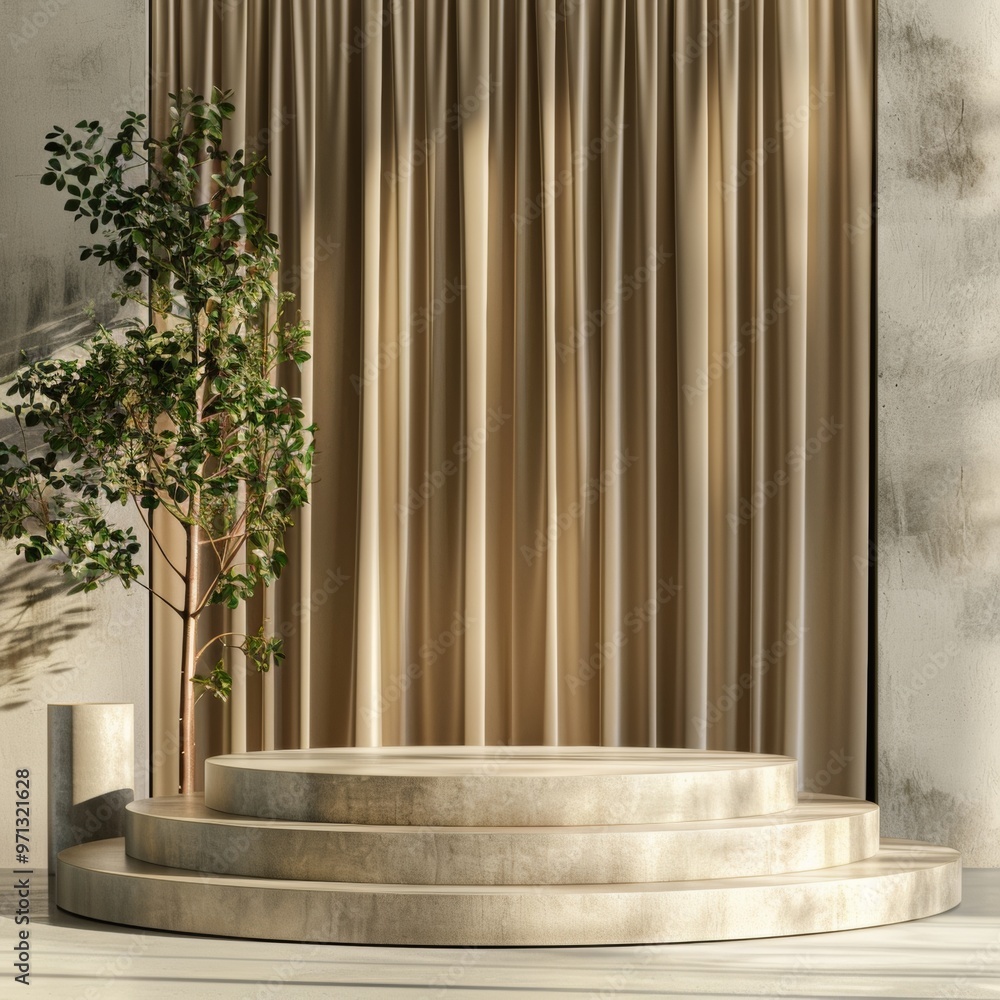 Poster 3d rendering image mockup template stack podium in landscape layout with curtain background