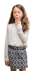 Brunette hispanic girl bored yawning tired covering mouth with hand. Restless and sleepiness.