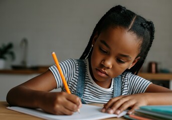 Young girl focused on writing in a notebook