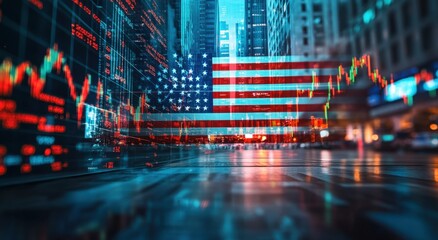 The American flag is reflected in the background of stock market charts and numbers, a double exposure photograph with high resolution Generative AI