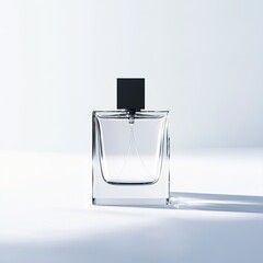 Elegant transparent perfume bottle with a black cap