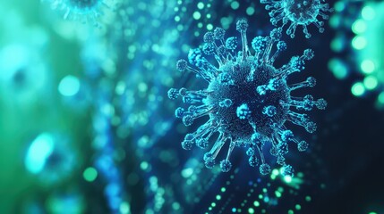 Pixelated virus spreading through a soft blue and green cyber environment, close-up shot with shallow depth of field and blurred background, mixing digital and organic.