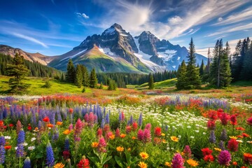 Vibrant mountain meadow with colorful wildflowers and majestic peaks