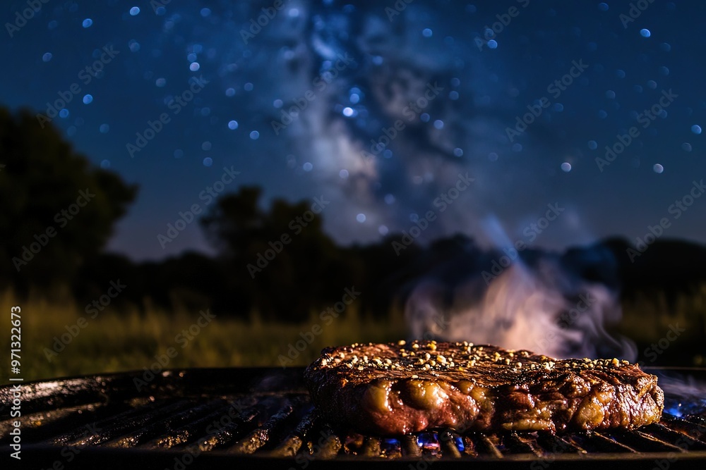 Wall mural a steak is cooking on a grill at night