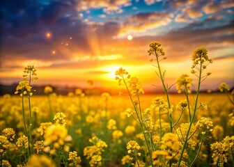 Obraz premium vibrant yellow petals soft focus bokeh summer sunset fields serene evening skies