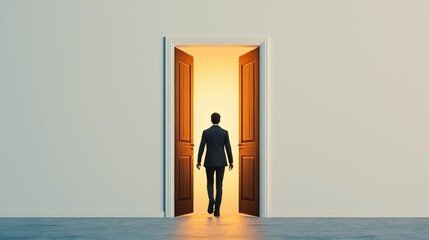 Fototapeta premium Person walking through an open door into a bright future, symbolizing new beginnings