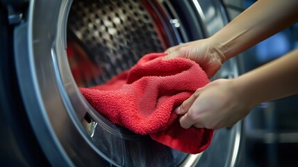 Person removing a red towel from a washing machine in a laundry room during the day, showcasing routine laundry tasks