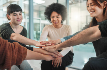 Support, people and hands with stack for therapy, counseling and motivation with solidarity in...