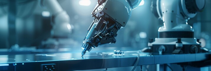 3D Robot arm working automated in factory, industry 5.0 artificial intelligence computer aided manufacturing process control with computer digital technology