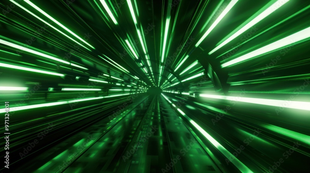Poster abstract green light tunnel with futuristic glowing lines creating a sense of speed and depth