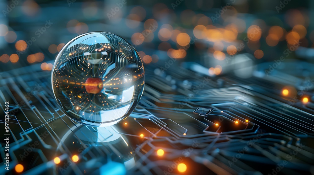 Poster a digital 3d render of a crystal ball containing an apple, resting on a detailed electronic circuit 