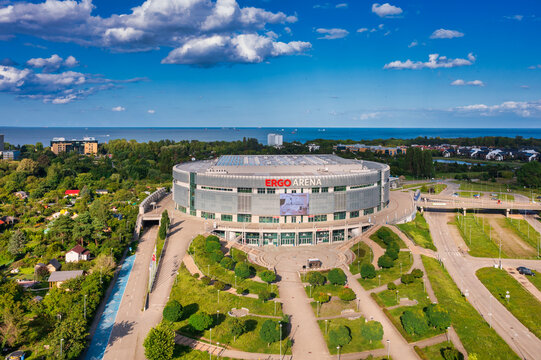 Gdansk, Poland - August 10, 2024: Ergo Arena building on the boundary of two cities - Gdansk and Sopot in Poland.