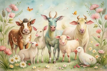 Obraz premium vintage-inspired watercolor artwork featuring farm animals with soft pastel hues and delicate lines