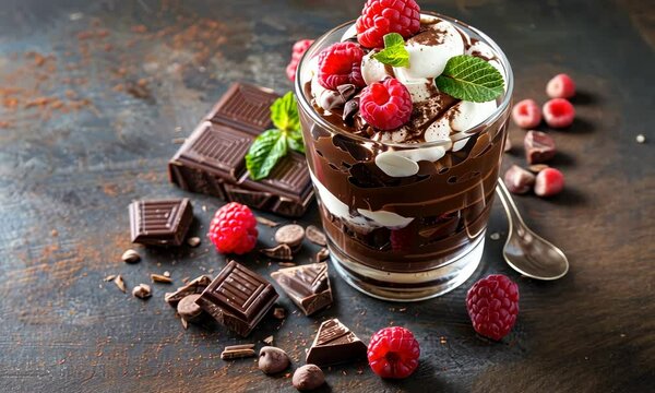 Chocolate layered dessert in glass with raspberries and mint on dark surface