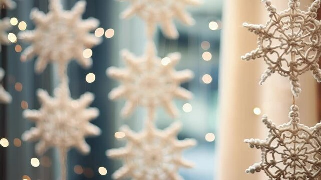 Delicate macrame snowflakes hang by a window, creating a cozy and festive vibe with blurred lights in the background, evoking a winter wonderland