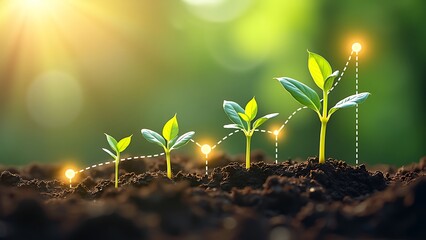 Young plants growing in soil, accompanied by a rising graph line, symbolizing growth and sustainability. Perfect for themes of nature, agriculture, and development.