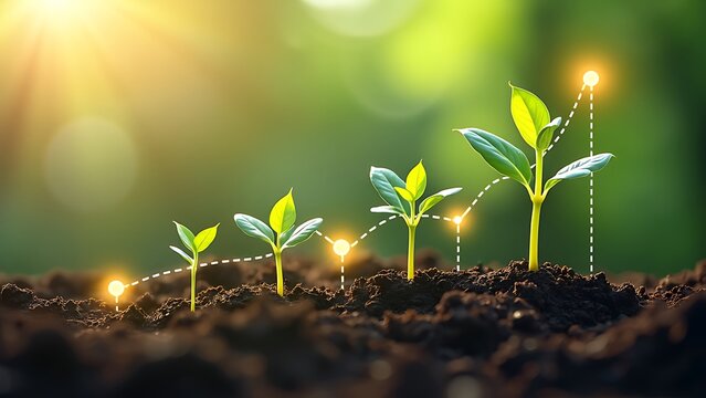 Young plants growing in soil, accompanied by a rising graph line, symbolizing growth and sustainability. Perfect for themes of nature, agriculture, and development.