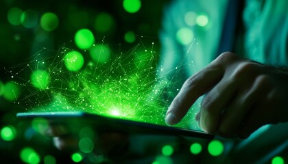 Financial analyst using ecofriendly apps on tablet, green finance