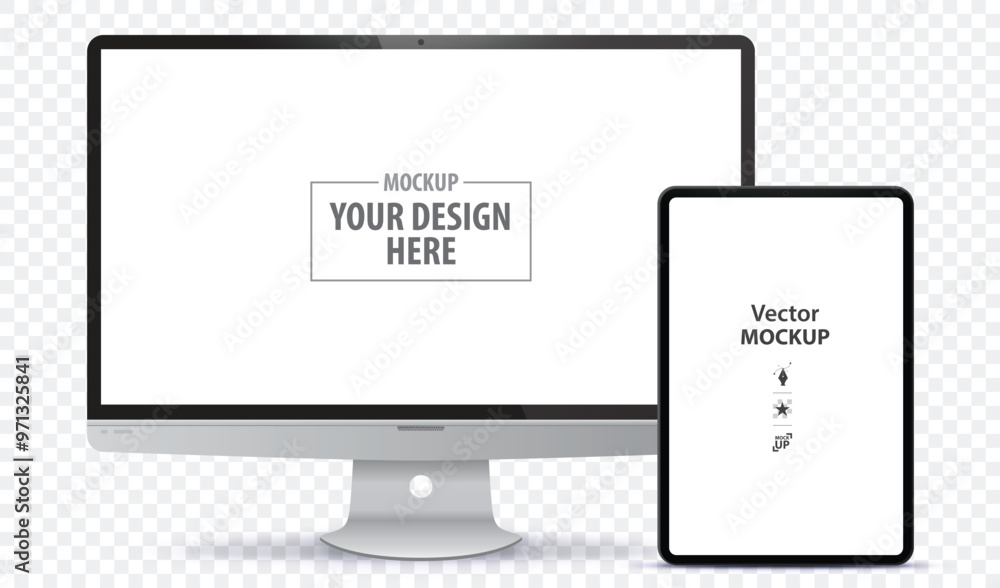 Poster desktop computer and tablet pc screen front view mockup. digital devices template vector illustratio