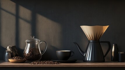 Realistic image of a coffee pour-over setup with beans, a kettle, and a cup