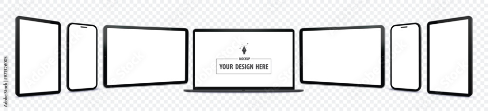 Poster laptop computer, tablet pc and mobile phone mockup set with perspective view. digital devices screen