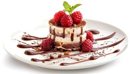 A delicious dessert is placed on a clean and pure white background. The dessert might have a rich and creamy texture. It could be a slice of cake with multiple layers or a decadent pastry. 