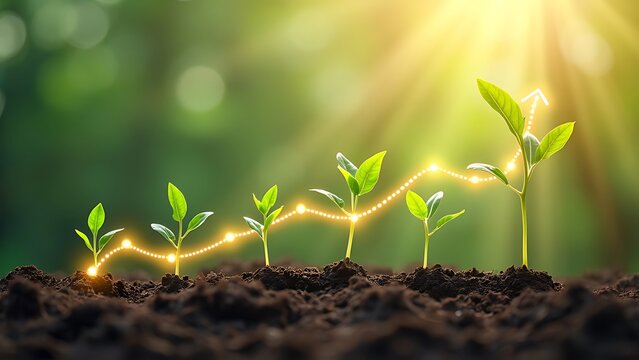 Young plants growing in soil, accompanied by a rising graph line, symbolizing growth and sustainability. Perfect for themes of nature, agriculture, and development.