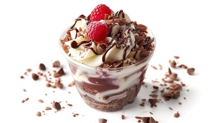 A delicious dessert is placed on a clean and pure white background. The dessert might have a rich and creamy texture. It could be a slice of cake with multiple layers or a decadent pastry. 