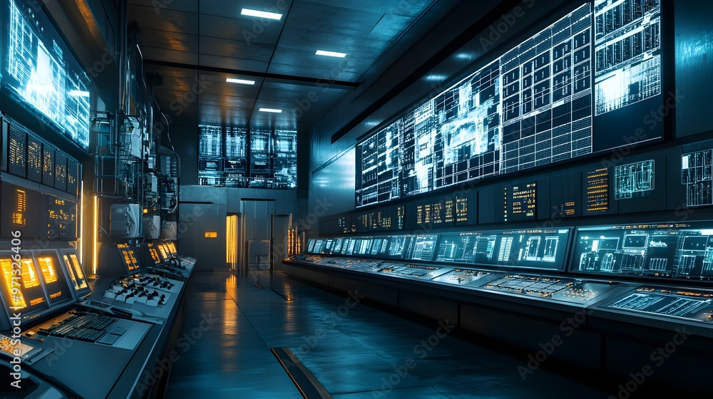 Poster comprehensive digital control room with advanced technological interfaces and monitoring displays fo
