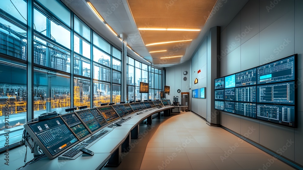 Poster Photograph of a futuristic digital control room with a complex dashboard,multiple large monitoring screens,and a high-tech interface for managing advanced systems and data.