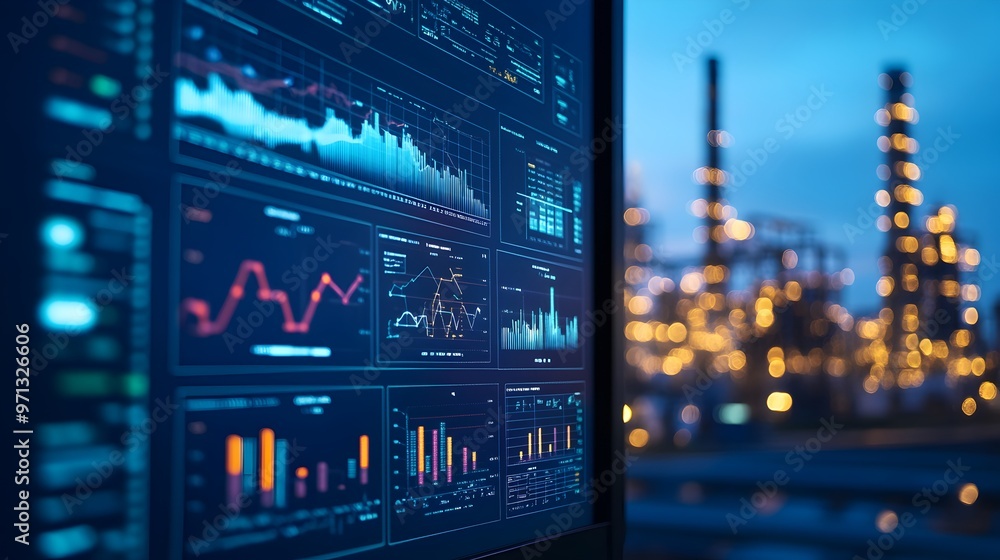 Poster digital dashboard with real-time financial data visualizations and a blurred cityscape in the backgr