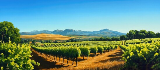 Naklejka premium A picturesque landscape of a wine estate featuring lush vineyards under clear blue skies during daylight hours